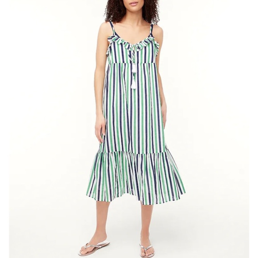 Striped Ruffle-Trim Midi Dress in Green & Navy